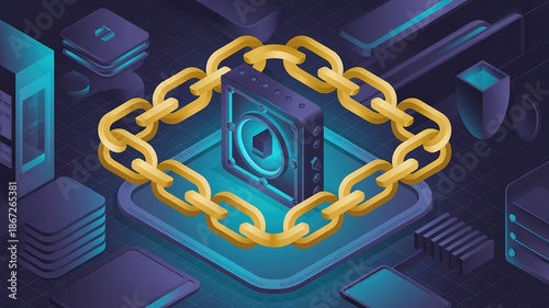 Secure digital network data protected by a strong golden blockchain chain, representing technology and trust.