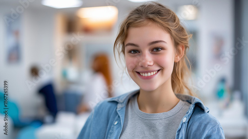 Free Download Faceless smiling teenage girl in dental office at hospital, youth dental appointment, adolescent orthodontic visit, young person at dentist, healthcare facility setting, defocused face, with - GFXLoad
