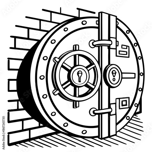A large metal vault door with a keyhole and brick wall background