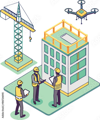 Drone inspection service at industrial construction site, showing engineer and technicians analyzing data, isometric isolated vector illustration.