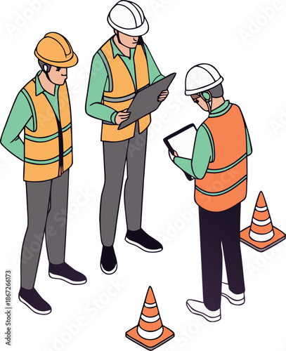 Supervisor commanding foreman and workers at construction site, teamwork concept, isometric vector illustration isolated with no background.