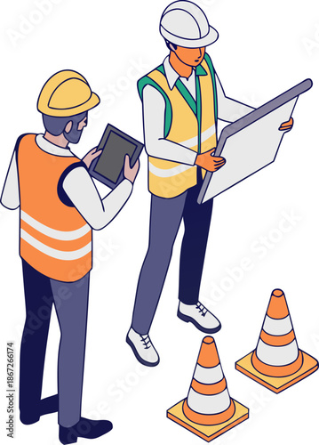 Construction site leadership concept with supervisor commanding foreman and workers, isometric illustration isolated on no background.