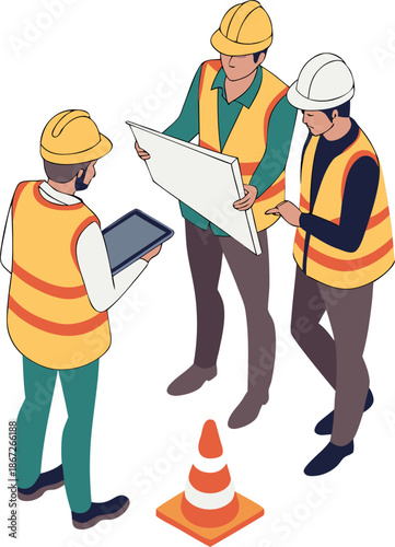 Construction site teamwork concept showing supervisor instructing foreman and workers, isometric vector illustration isolated on no background.