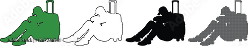 Sad traveler sitting with luggage, set of four icons showing different styles solid color, outline, silhouette, and halftone pattern