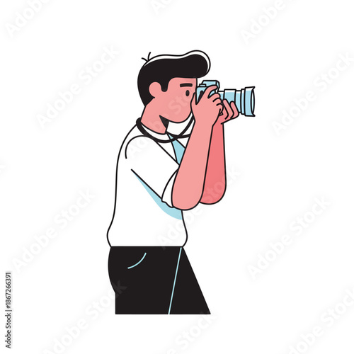 Man holding camera, taking photo, illustration, vector art, modern style, creative hobby, photography concept