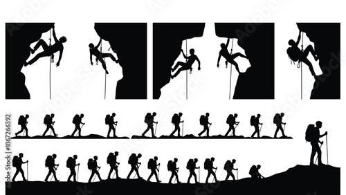 Black silhouette rock climbing and hiking set, mountain climber hiker person group, extreme sport adventure exercise training isolated vector icons, outdoor active lifestyle collection.
