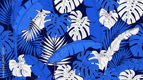 Vibrant Blue and White Tropical Leaf Pattern Vector Illustration - A Seamless Tropical Jungle Design