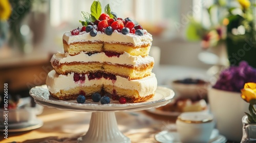 Layered cake with fresh berries and cream.  A delightful dessert, perfect for any occasion
