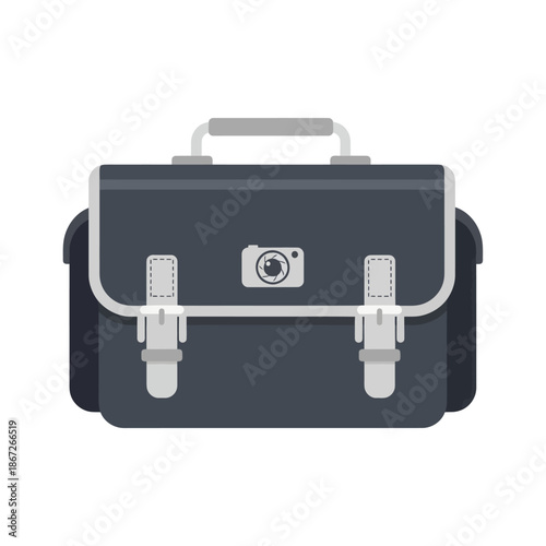 Professional Camera Bag with Lens Icon, Flat Design, Isolated on White Background
