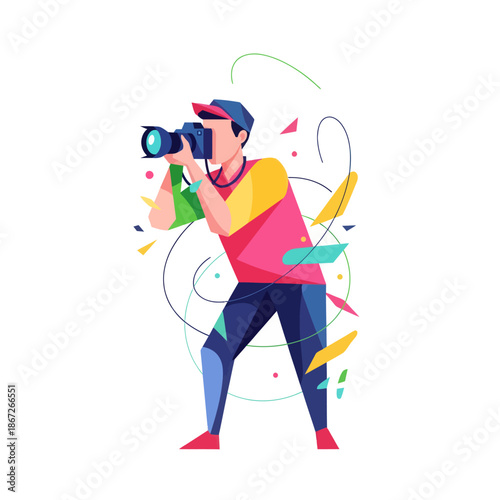 Photographer Capturing Moment with Camera, Dynamic Abstract Shapes, Modern Flat Illustration