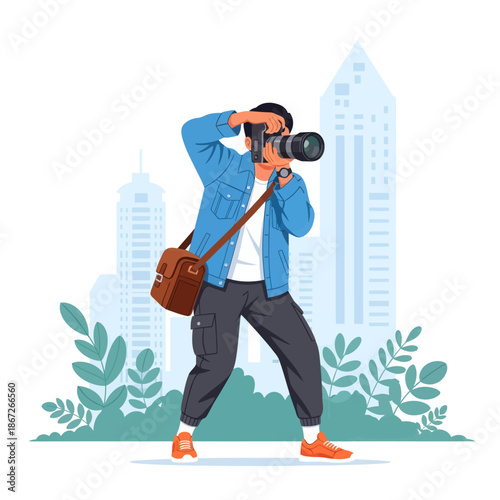 Photographer Capturing Cityscape with Professional Camera and Bag