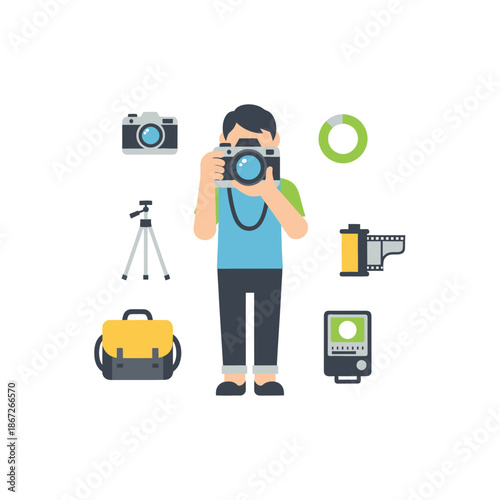 Photographer with Camera and Gear Icons: Tripod, Bag, Film Roll, Flash, Circle Chart