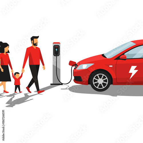 Family Charging Electric Car Together.