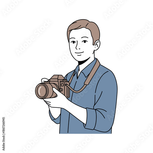 Young man with camera, photographer holding DSLR, portrait, hobby, professional, casual style