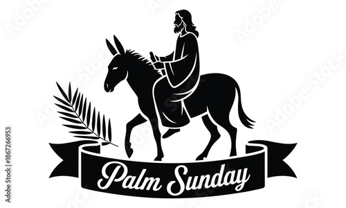Palm Sunday Christian Jesus On Donkey Black White Silhouette Design 