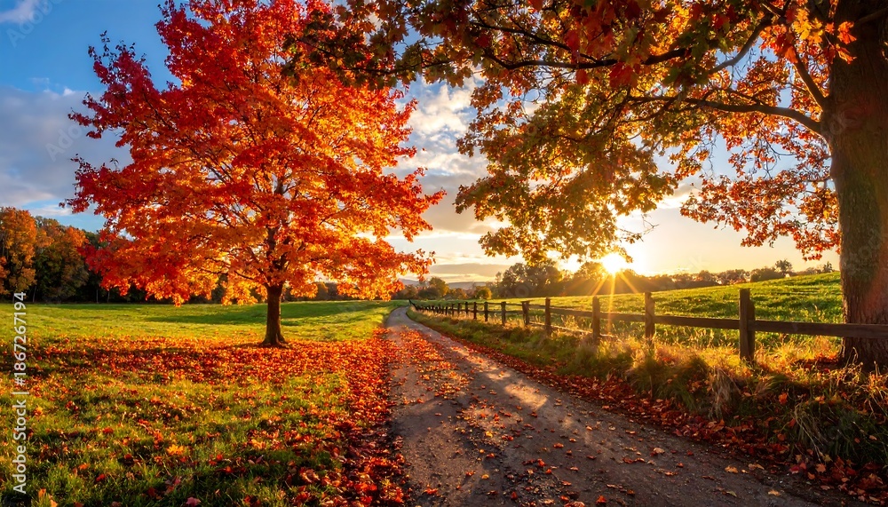 Fototapeta premium Autumnal path with colorful trees, vibrant foliage, and glowing sunlight through branches across a field