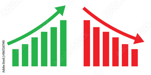 Business growth and decline charts. Upward and downward bar graphs. Profit loss performance indicators. Financial trend comparison design. Vector illustration
