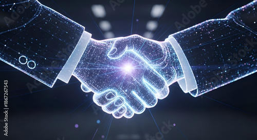 Business partnership handshake with glowing digital network connections