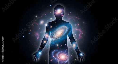 Silhouette of a person with galaxies and stars inside their body in space