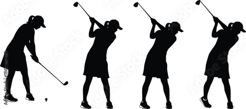 Female, golfer, silhouettes, golf, swing, sequence, motion, sport, athlete, training, outdoor, black, white, vector, illustration, woman, club, action, design, concept