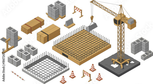 Isometric construction site illustration, building foundation process, crane and materials, concrete blocks and rebar, civil engineering vector design