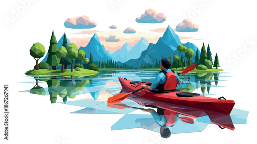 Serene adventure: low poly kayaking in majestic mountain landscape