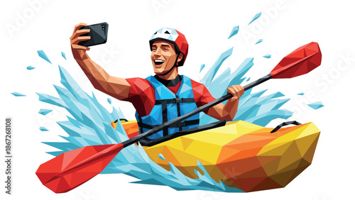 Geometric art of kayaker capturing adventure with selfie in splashes