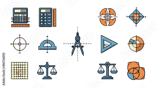 Geometric tools and symbols: precision instruments and mathematical icons in flat design