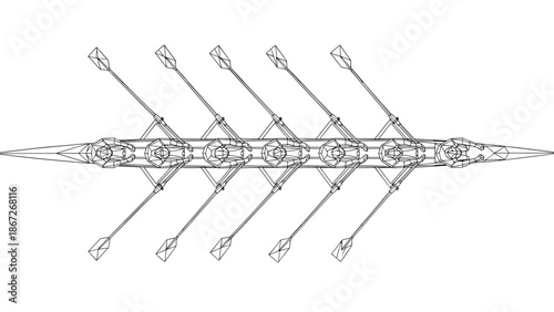 Geometric design of linear multi-row rowing boat with oars
