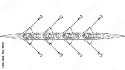 Wireframe rowing team concept with four oarsmen in geometric canoe design