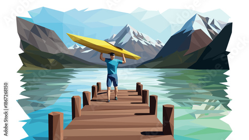 Geometric art of man with kayak on pier in mountainous lake landscape