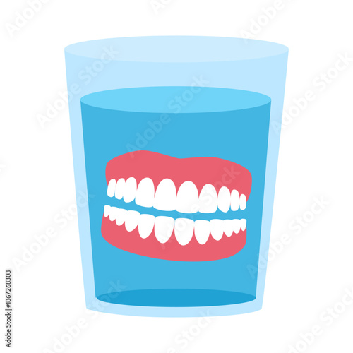 False teeth in water glass vector illustration on white background. Dentures. Dental prosthetic.