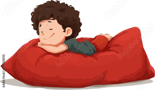 Isolated a realistic Little happy boy lying on his stomach on a bean bag vector art with white background.