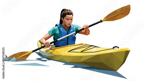 Low poly style woman kayaking with yellow watercraft and paddle