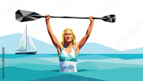 Triumphant moment in geometric style: woman celebrating in ocean with oar