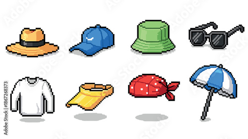 Pixel art summer accessories set with hat, glasses, and umbrella