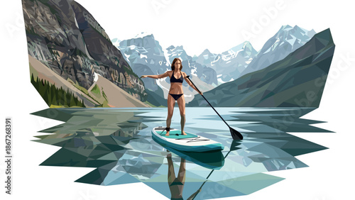 Geometric landscape with woman paddleboarding on lake surrounded by mountains
