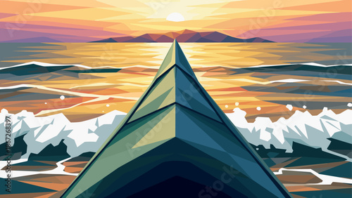 Geometric sunrise over ocean with boat: polygon art of a vibrant seascape