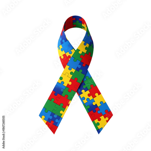 Colorful Puzzle Piece Ribbon for Autism Awareness on White Background