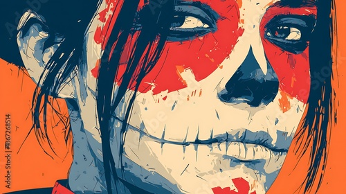 Day of the Dead Skull Face Woman with Bold Red and Blue Paint sugar skull calavera Photo