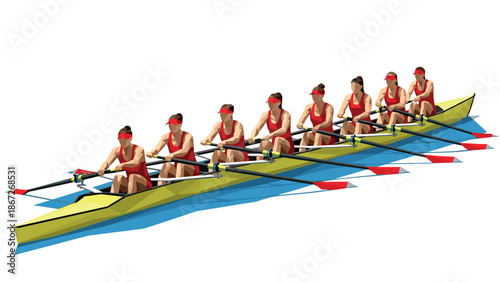 Low poly rowing team in action on water - competitive sport scene