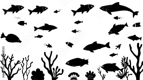 Underwater ocean creatures silhouette illustration featuring minimal black vector icons on a light blue gradient background, emphasizing a marine life theme with stylized seaweed and coral, including 