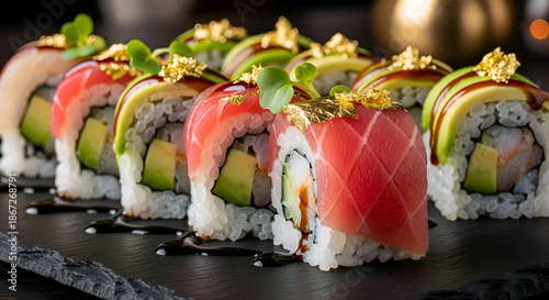 Delicious sushi rolls with fresh salmon avocado and gold leaf