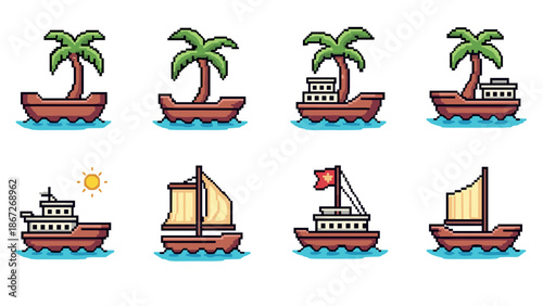 Retro pixel art nautical scene with boats and palm trees