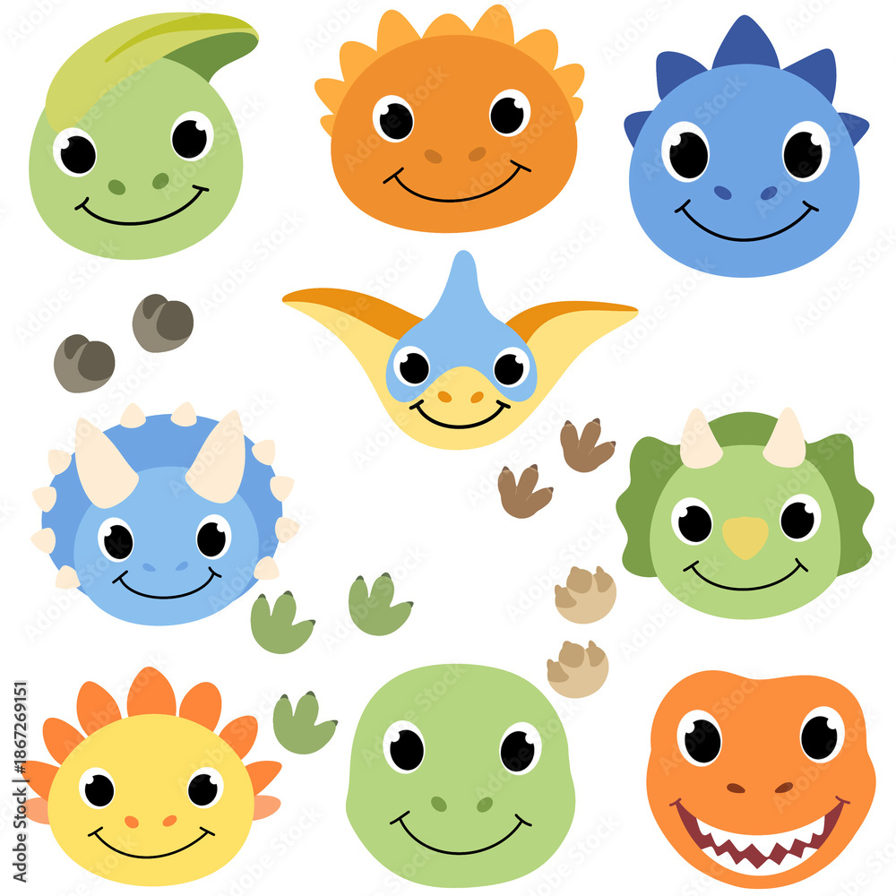 Obraz premium Cute Dinosaur Faces Illustration Set