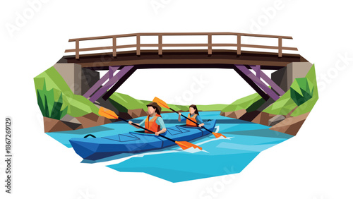 Low poly kayaking adventure under bridge in vibrant nature scene