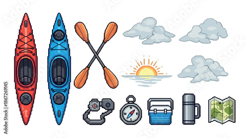 Pixel art adventure essentials with kayak, sunrise, and outdoor gear