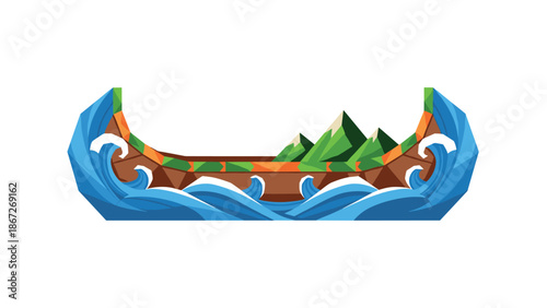 Low poly canoe with waves and mountain scene on white background