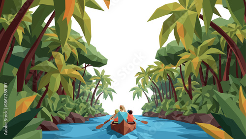 Polygonal canoeing adventure through lush tropical jungle river