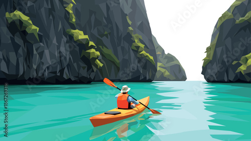 Adventure in a geometric paradise: kayaking between majestic cliffs in a tranquil lagoon